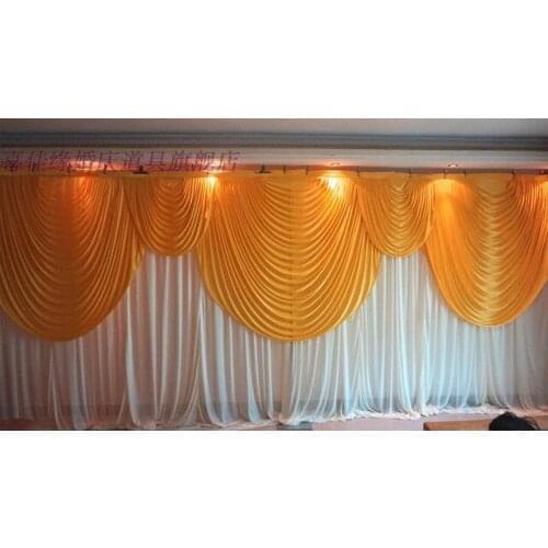 Romantic 6m/20ft (w) x 3m/10ft (h) White Wedding backdrop curtain with gold swags wedding props wedding background veil