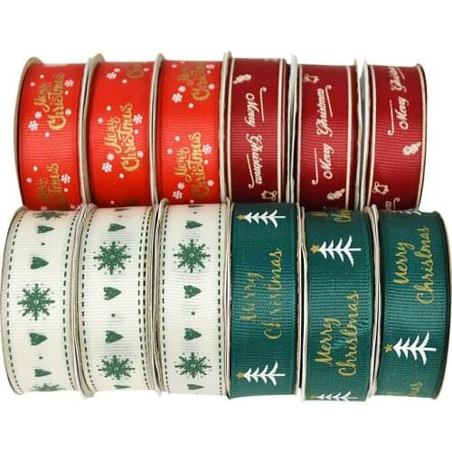 10yard Merry Christmas Grosgrain Stain Ribbon Christmas Tree Printing Ribbon Roll For New Year Xmas Party Gift Wrapping Supplies