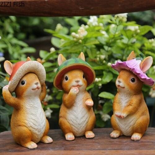 Hat Rabbit Figurines Simulation Animal Statue Ornaments Fairy Garden Decor Cute Bunny Crafts Statuette Courtyard Decoration