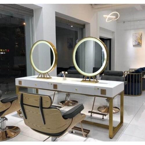 Barbershop mirror table with light double-sided hairdressing mirror table for hair salon special hair cutting mirror table