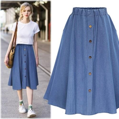 Women Fashion Skirt Denim Skirt Mid Length Loose Skirt Elastic Waist A-lineskirt