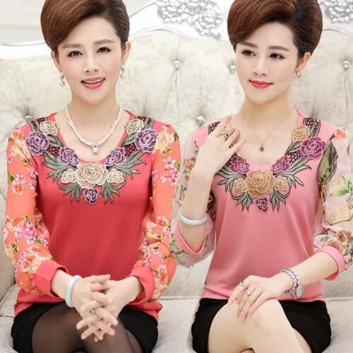 NIFULLAN Spring Summer Women Tee Shirts Chiffon Sleeve T-shirt Embroidery Collar Mother Clothing Plus Size Tops Slim Pullovers