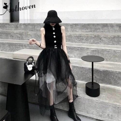 2019 Summer 2 Piece Set Women Suit Black Sleeveless Knitting Casual Top and T Vintage Party Club Black Mesh Skirt Two Piece Set