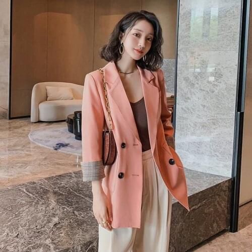 2021 Office Lady Pink Blazers Women Autumn Winter Long Sleeve Coats Female Double Breasted Solid Jacket Femal Pockets New XX1653