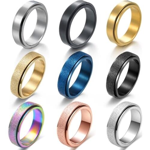6mm Womens Glossy Rotating Ring Mens Pressure Release Rotating Sandblasted Titanium Steel Belt Casual Tail Ring Hypoallergenic