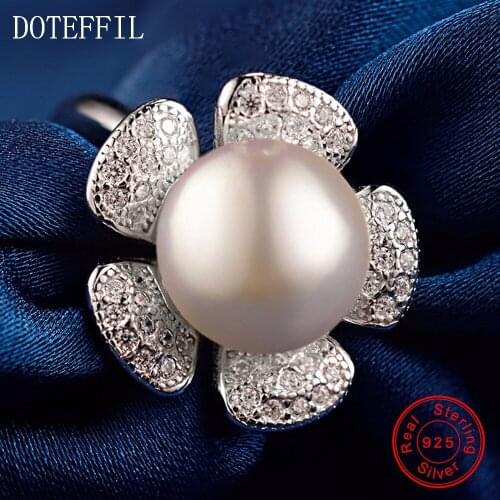 AAA 8mm Pearl Charm Flower Rings Woman 100% 925 Sterling Silver Fashion Flower Rings High Quality Woman 925 Silver Jewelry