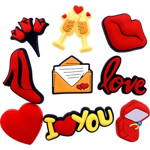 1PCS Cartoon Wedding Series Shoes charms Silicone Red Heart Hole Slipper Accessories Wristband Croc Buckles Girls Gifts