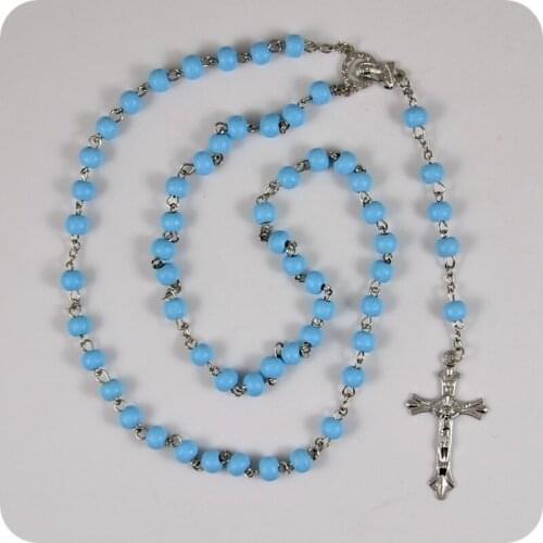 12x Blue Wood Rosary Beads INRI JESUS Cross Crucifix Pendant Necklace Our Lady Catholic Fashion Religious jewelry