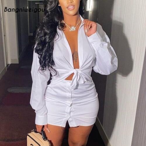 Bangniweigou sexy knot shirt button skirt two piece sets women casual solid color long sleeve shirts dress 2-piece suit clubwear