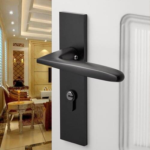 Black Solid Space Aluminum Door Locks Continental Bedroom Minimalist Interior Door Handle Lock Cylinder Security Locks