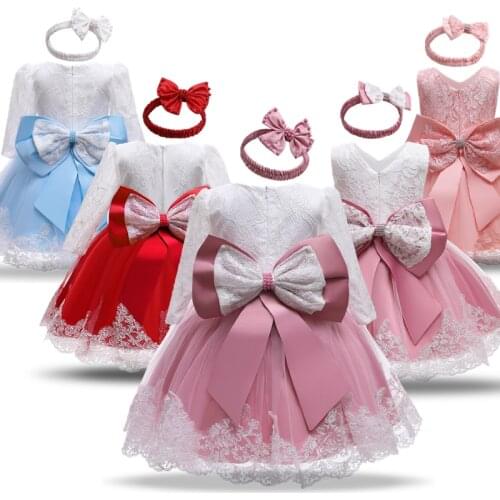 Winter Baby Girls Lace Princess Dress Long Sleeve BowKnot First Christmas Party Costume Toddler 1st 2nd Birthday Infantil Gown