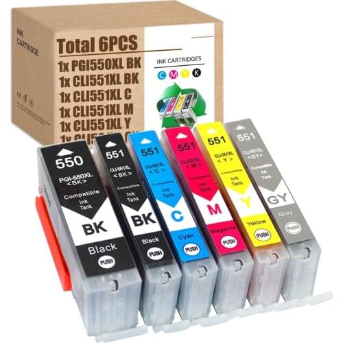 For Canon Ink Cartridges PGI-550Bk CLI-551BK CLI-551C CLI-551M CLI-551Y CLI-551GY PIXMA iP8750, MG6350, MG7150, MG7550, MX925