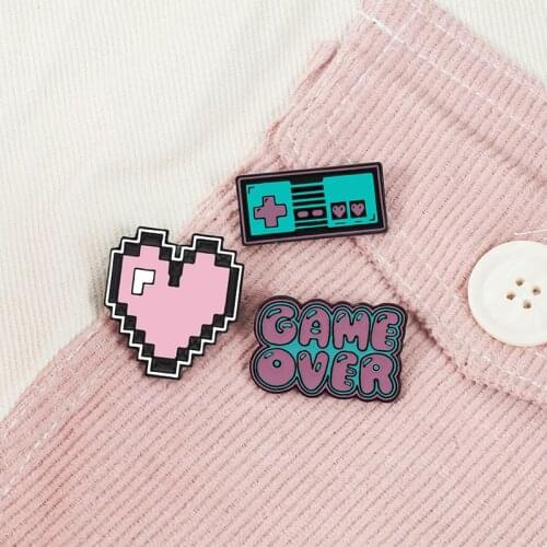 Pink Game Enamel Pins Collection Cartoon Pixel Games Icon Heart GAME OVER Bag Badges Brooch Clothes Lapel Pin Custom Kid Jewelry
