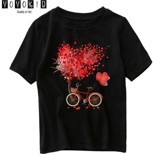 Little Girl Boy Bicycle Heart Tree Cute Cartoon Sweet Japanese Streetwear Tshirt Chlidren Summer Top Baby T Shirt Cartoon Shirt