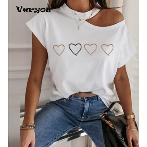 Sexy Off Shoulder Love Printing T-shirt Women Shirt 2021 New Summer Short Sleeve Tops Casual Loose Halter Backless Ladies Tshirt