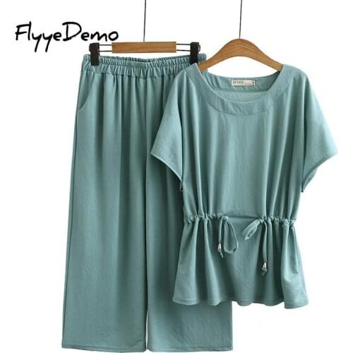 Two Piece Set Summer Clothes For Women 2020 New Loose Casual Wide Leg Pants Lace Up Bow Waist Batwing T Shirt Women Plus Size