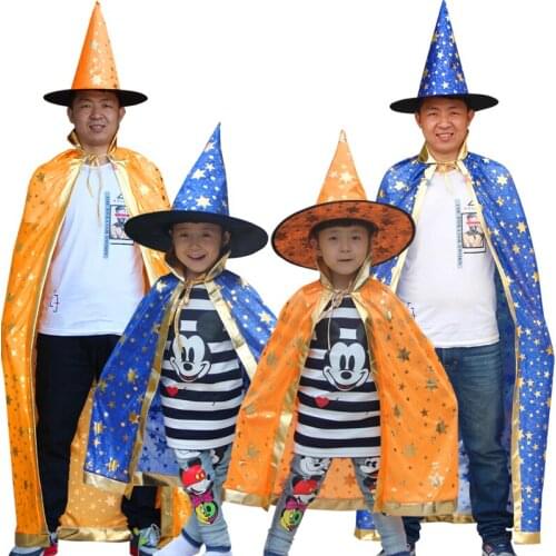 Free shipping Halloween costume 6 stars cape with hat for kids boys wizard and girls witch cosplay Halloween party