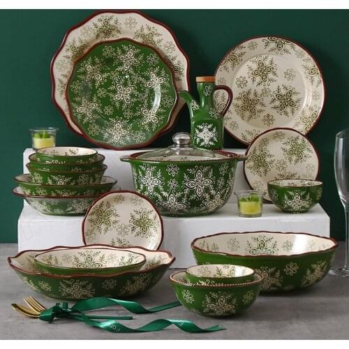 Creativity Bohemia Carved Ceramic Plate Nordic Pastoral Green Painted Relief Craft Dinner Plates Set Noodle Fruit Salad Bowl
