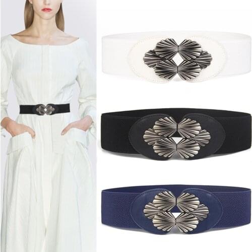 Trendy Corset Belt Womens Elastic Waistband black Metal Buckle Stretch Waist wide Cinch white Cummerbunds Faux Leather dress