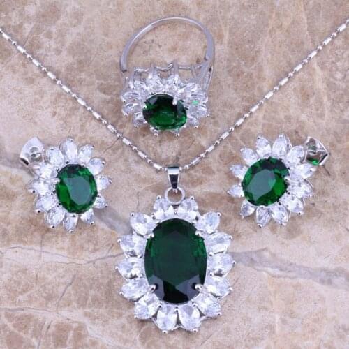 Green Cubic Zirconia White CZ Silver Plated Jewelry Sets Earrings Pendant Ring Size 6 / 7 / 8 / 9 / 10 S0057