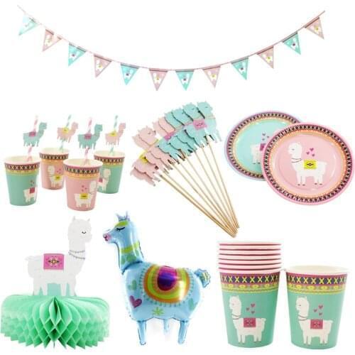 Llama Alpaca Party Disposable Tableware Paper Napkins Plates Cups Foil Ballon for Birthday Party Decoration Kids Party Supplies