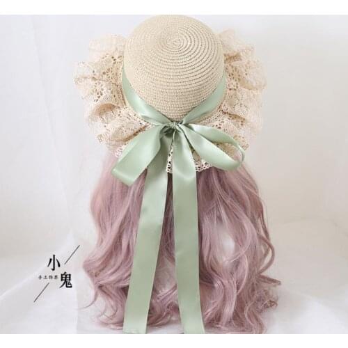 Lolita Lace Bow Sun Hats For Child Wide Brim Straw Beach Side Cap Floppy Female Dome Fringe Straw Hat Women Summer Panama A404