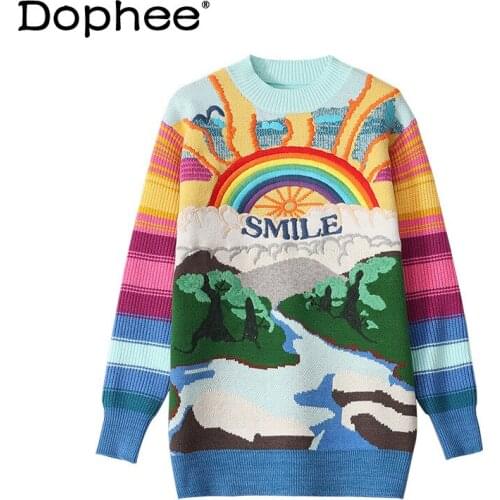 New Fashion Round Neck Top Rainbow Sweater Women Embroidered Letter Knitted Sweater Three-Dimensional Cutting Dinified Sweater