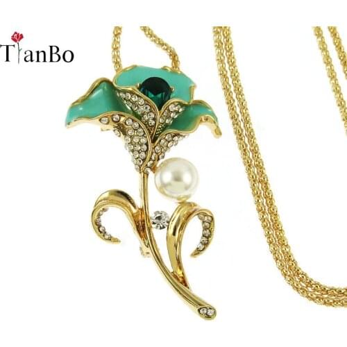 TianBo Vintage Full Crystals Enamel Lily flower Pendants Necklaces Gold Color Long Sweater chain Women Sweater Jewelry