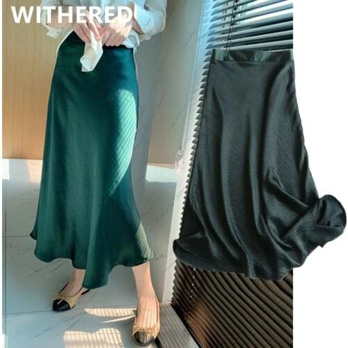 Dave&Di england style office lady simple solid satin elegant summer midi faldas mujer moda 2020 long skirt women