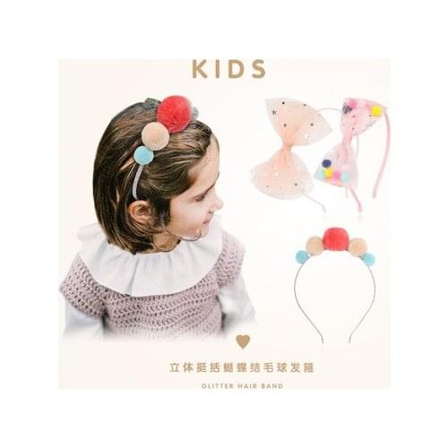 Girls Cute Headband Fake Fur Pompom Ball Hair band mesh bow headband Hair Colorful Scrunchie Hair Accessories
