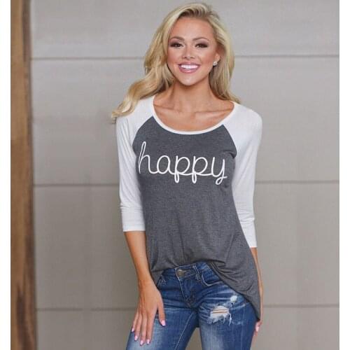 Womens Fashion HAPPY Letter Print T-Shirt Colorblock Round Neck Top woman clothes women shirts Cotton Polyester Letter