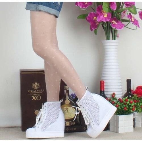 New 2017 women wedge casual shoes height increasing lace up high top breathable mesh summer boots hidden wedges elevator shoes