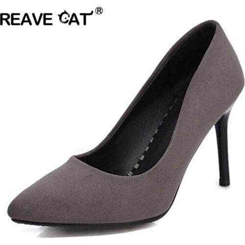 REAVE CAT Small Big Size 32-43 Dress Shoes Lady Pointe Toe 7cm 9cm Thin Heel Pumps Suede Office Grey Red Black Dropship S2487