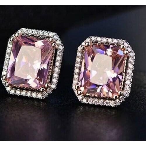 Huitan Pink Cubic Zirconia Stud Earrings for Women Geometric Shaped Simple Stylish Female Accessories Dance Party Trendy Jewelry