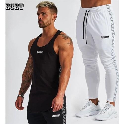 Streetwear summer cotton mens vest embroidered patchwork trousers sweatpants jogger brand fitness fashion mens suit