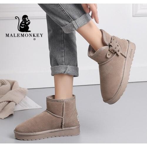 2020 Women Snow Boots Cow Suede Keep Warm Winter Ankle Boot Short Plush Female Flat Bota Neve Round Toe Ladies Causal