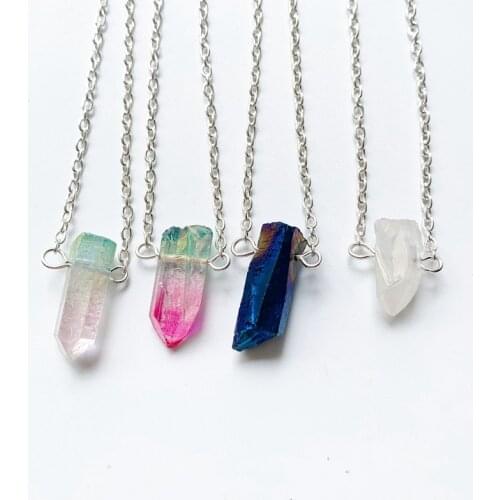 Natural Clear Quartz Stone Coated Points Pendant Necklace Aura Quartz Wand Point Rough Stone Necklace Geometric 1pc