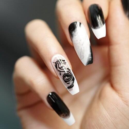 24Pcs Black Blooming Dragons Wear Coffin Long Paragraph Fashion Full Cover Manicure Patch DIY Nail Art Decoration For Manicures