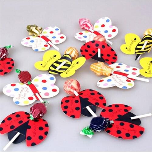 50pcs / lot Candy Lollipop Decoration Gift Cute Bees Ladybug Butterfly Design Paper Lollypop Lovely Props Kids Birthday Party