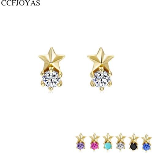 CCFJOYAS 925 Sterling Silver Five-pointed Star zircon Stud Earrings for Women INS Purple/White/Black/Blue/Rose red Cute Studs