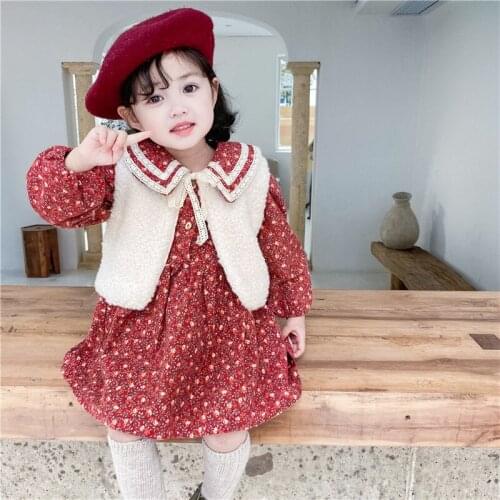 DFXD 1-7Yrs Girls Clothing Sets 2020 Winter Floral Plus Velvet Long Sleeve Princess Dress+Lamb Wool Vest 2pc Warm Girls Outfit