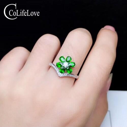 CoLife Jewelry 925 Silver Chrome Diopside Ring 6 Pieces Natural Diopside Ring Fashion Silver Flower Ring with Gemstones