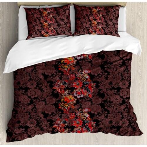Flower Duvet Cover Set Flowers of Asia in Japanese Art Style Vivid Floral Pattern Boho Print 3 Piece Bedding Set Black Orange
