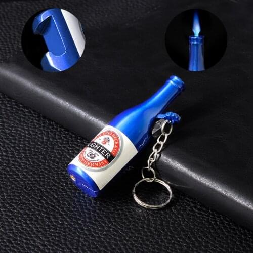 Creative Beer Bottle Gas Butane Lighter Bottle Opener Key Chain Jet Flame Torch Lighter Cigarette Lighters Smoking Accessories