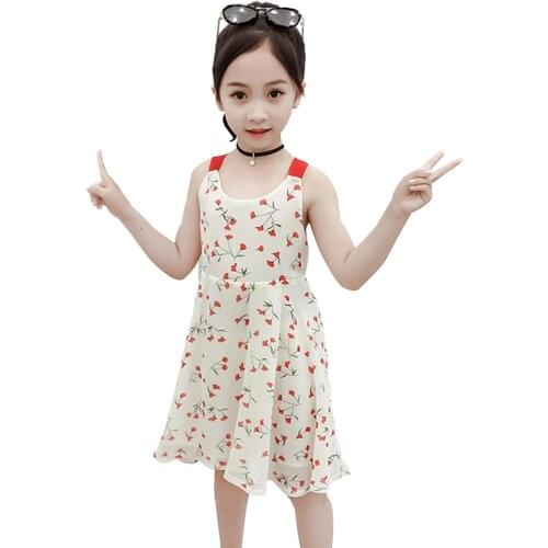 Girl Summer Dresses Floral Pattern Dress For Girl Sleevless Children Dresses With Bow Teenage Girls Clothing 6 8 10 12 14