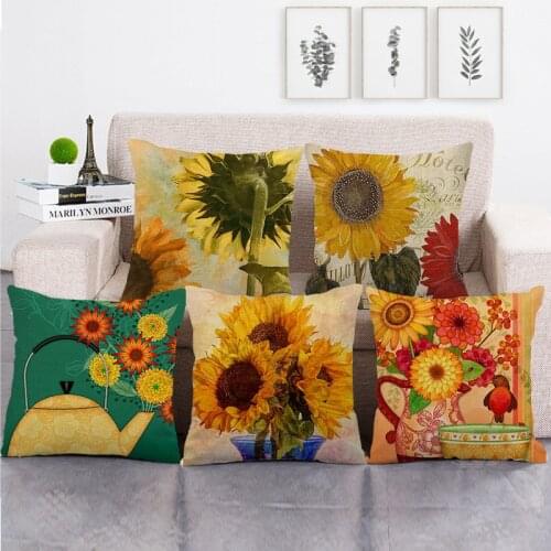 Retro Style Sunflower Print Cushion Cover Plant Landscape Linen Pillowcase Decoration Pillow Cover For Living Room Bedroom Chair