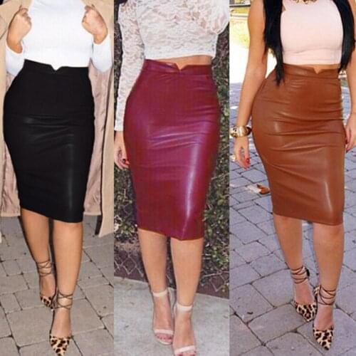 Fashion Women Solid Color Faux Leather High Waist Stretchy Slim Bodycon Skirt Length Plus Size Skirts
