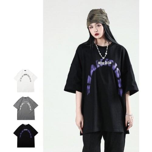 Pure Cotton American Street Style Mens Hip-hop Loose Oversize English Letter Printing Couples Washed Short-sleeved T-shirt