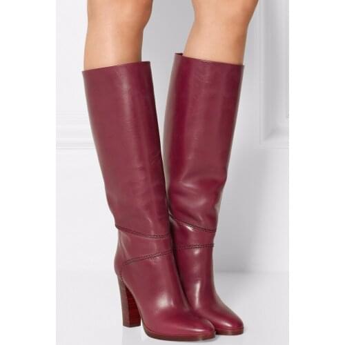 New Fashion Knee High Chunky Heel Boots Women Round Toe Tall Boots Long Thick High Heel Boots Charming Leather Boots