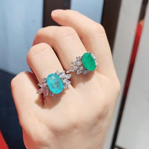 New Silver Emerald Temperament Charm Cut Green Crystal Paraiba Tourmaline Gemstone Oval Opening Adjustable Fance Womens Ring